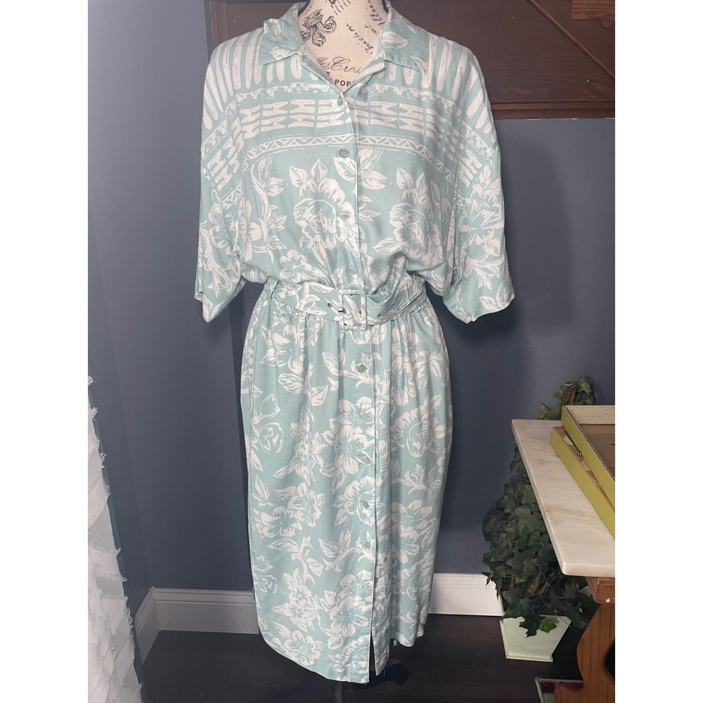 Together! Vintage 90s Rayon Tropical Floral Belted Midi Shirt Dress Seafoam 12